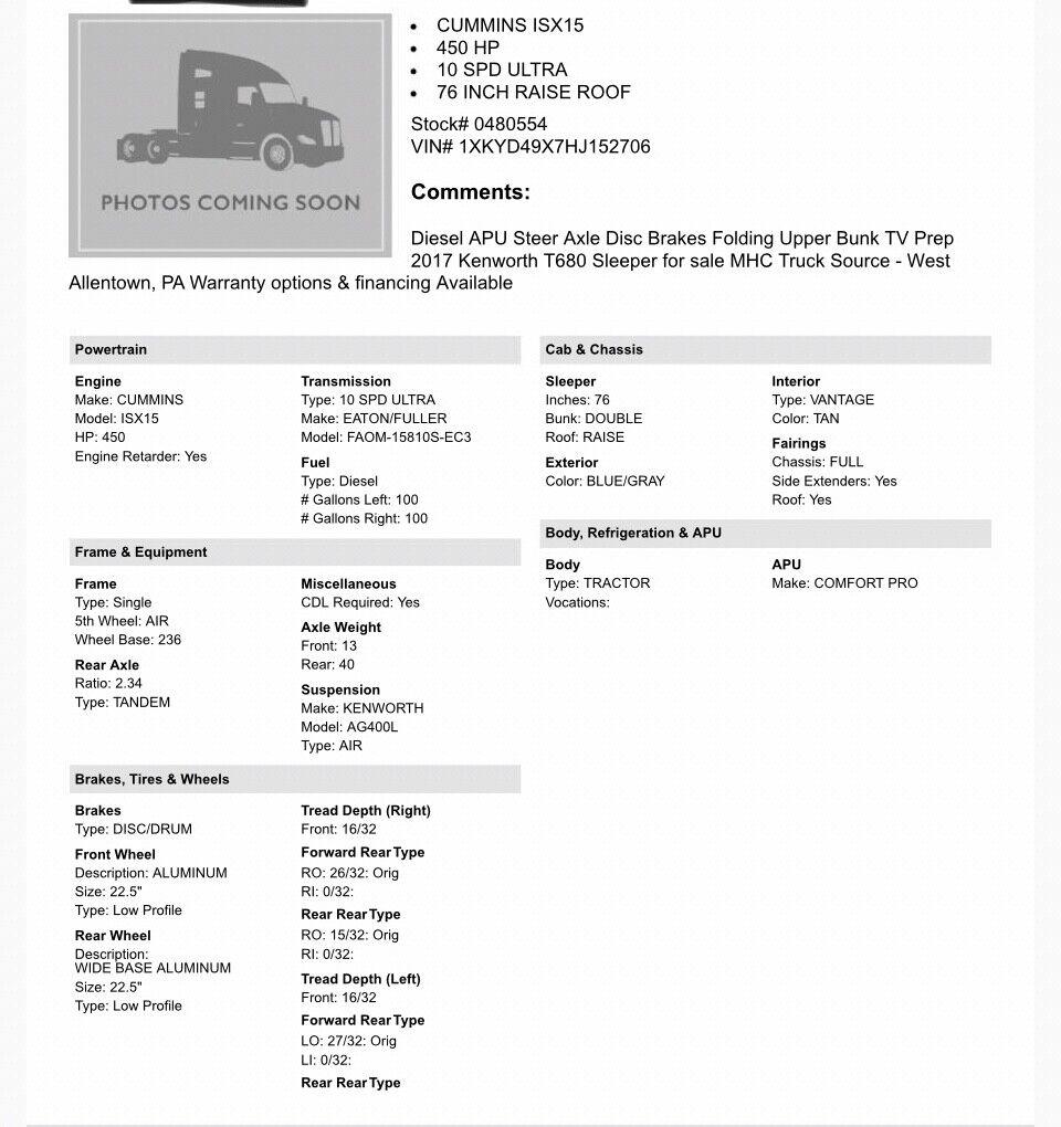*** 2017 KENWORTH T680 CUMMINS AUTO APU POWER EVERYTHING NEW TIRES Double Bunk