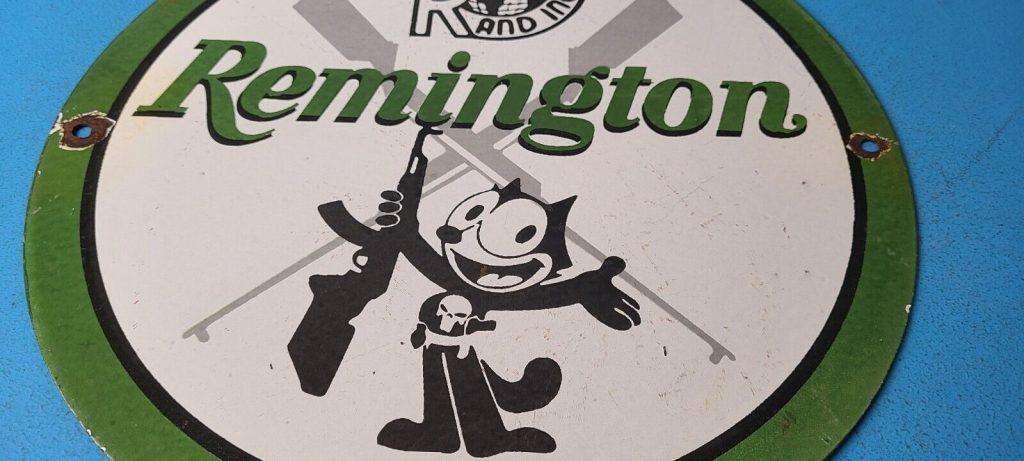 Vintage Remington Porcelain Felix CAT Chevy GUNS GAS PUMP Service Station SIGN