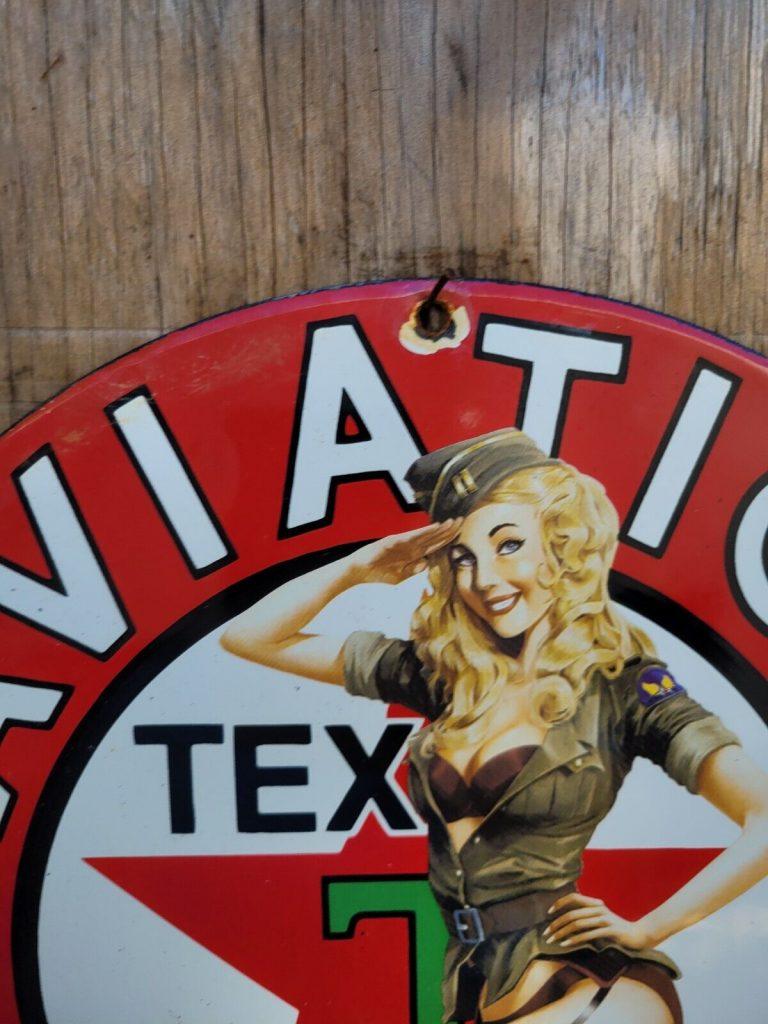Vintage Texaco Aviation Porcelain SIGN Oldfuel Sailor Woman GAS Airplane OIL USA